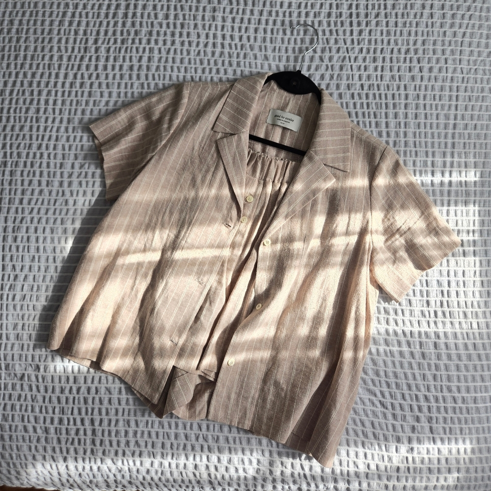 Good For Sunday Hemp Cotton Set Shorts Button Notch Collar Shirt Striped